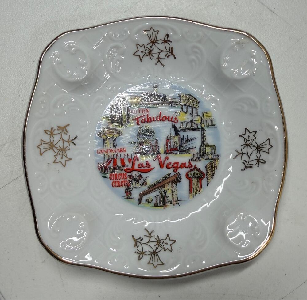 Vintage Las Vegas Ashtray or Trinket Dish. Gold Trim Made in Japan